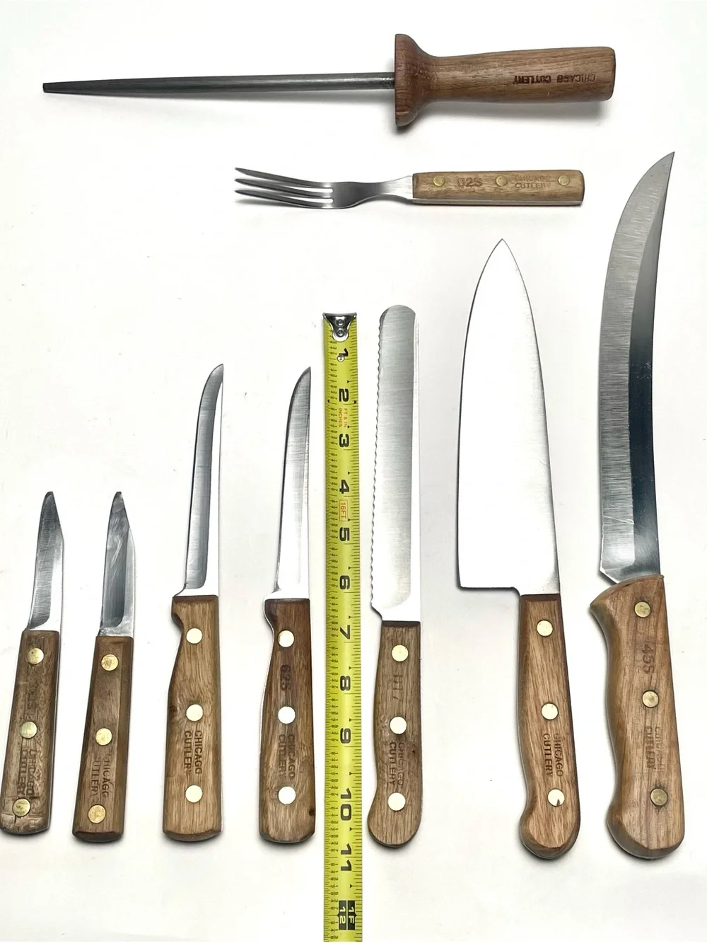Vintage Chicago Cutlery 10 Piece Kitchen Knife, Fork & Block Set Walnut USA